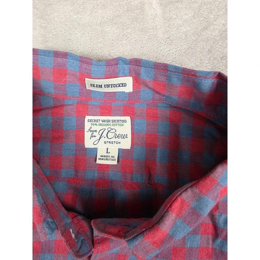 J. Crew Button Down Shirt Mens L Red Blue Gingham Slim Untucked Secret Wash
